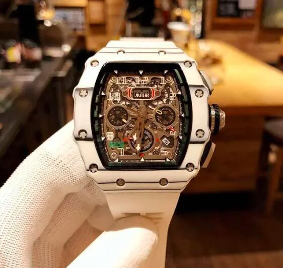 Luxury Mens Automatic Mechanical Watch Flyback Carbon Fiber Red Black Orange Rubber Strap