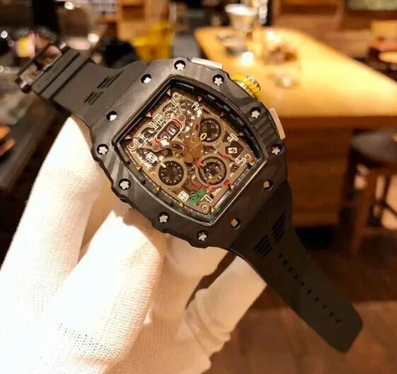 Luxury Mens Automatic Mechanical Watch Flyback Carbon Fiber Red Black Orange Rubber Strap