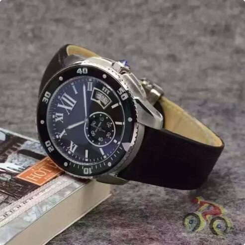 Luxury New Mens Watch Quartz Chronograph Ceramic Blue Black Leather Calendar Reloj Hombre