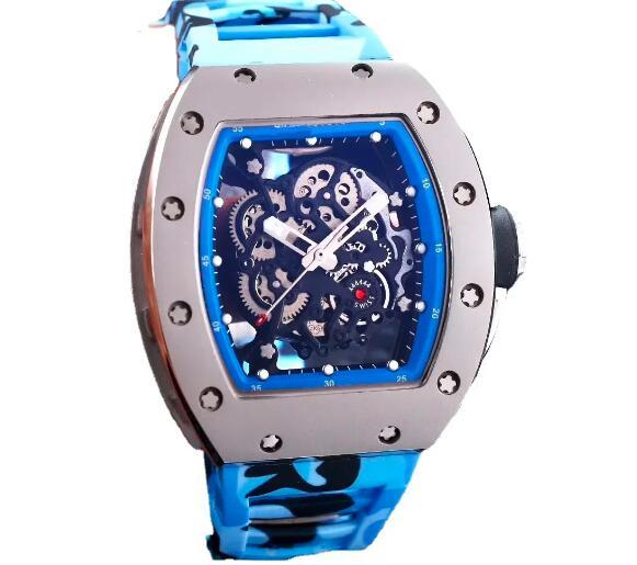 Luxury Mens Automatic Mechanical Watch Black Blue Rubber Stainless Steel Skeleton