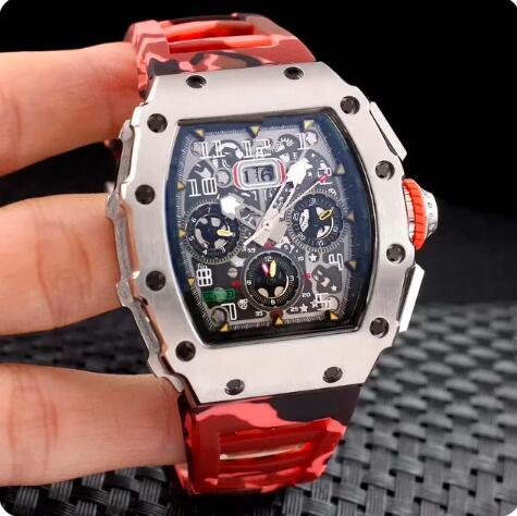 Luxury Mens Automatic Mechanical Watch Stainless Steel Skeleton Red Blue Grey Camouflage Rubber