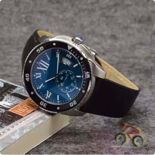Luxury New Mens Watch Quartz Chronograph Ceramic Blue Black Leather Calendar Reloj Hombre