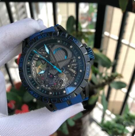 Luxury New Mens Mechanical Watch Automatic Rose Gold Blue Leather Rubber Tourbillion Fashion Watches
