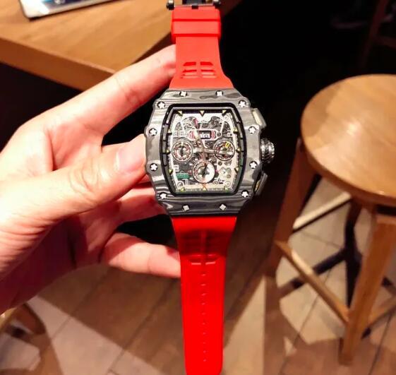 Luxury Mens Automatic Mechanical Watch Flyback Carbon Fiber Red Black Orange Rubber Strap
