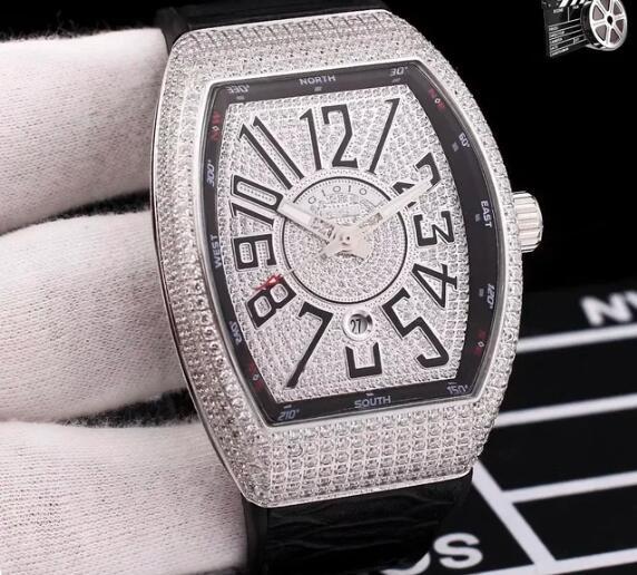 Luxury Mens Automatic Mechanical Watch Rose Gold Silver White Iced Diamond Rubber Leather Number