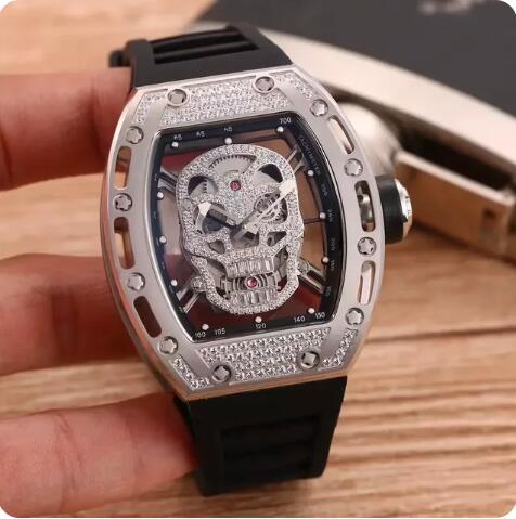 Luxury New Mens Automatic Mechanical Rose Gold Iced Diamonds Skull Watch Black Rubber Reloj Hombre