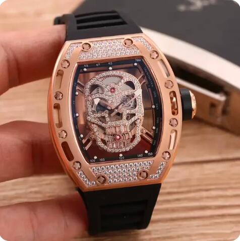 Luxury New Mens Automatic Mechanical Rose Gold Iced Diamonds Skull Watch Black Rubber Reloj Hombre