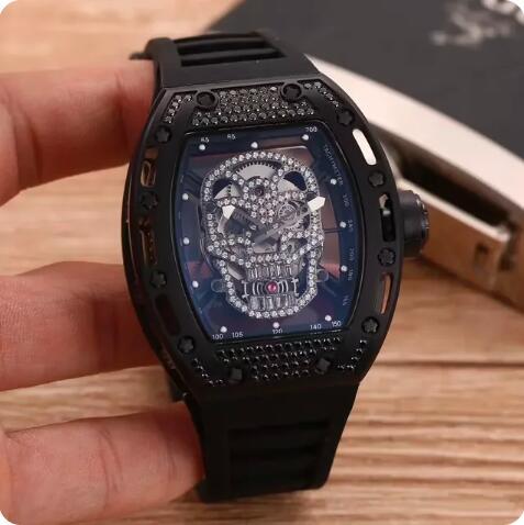 Luxury New Mens Automatic Mechanical Rose Gold Iced Diamonds Skull Watch Black Rubber Reloj Hombre