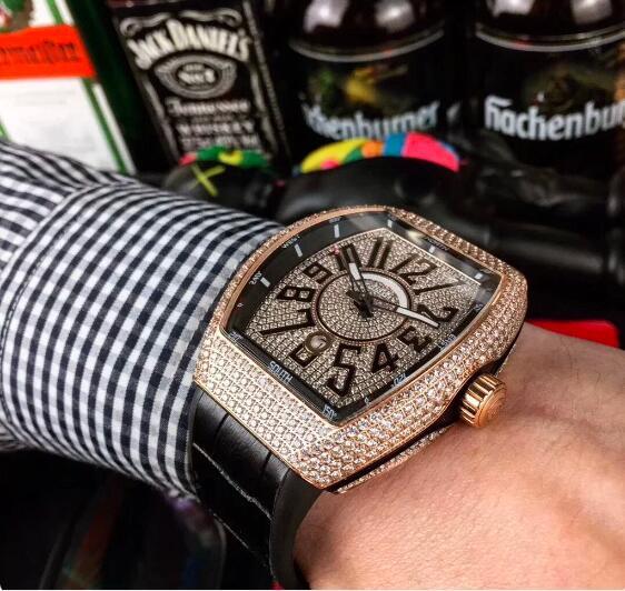 Luxury New Mens Mechanical Watch Automatic V45 Leather Black Rose Gold Iced Diamond Relogio Masculino