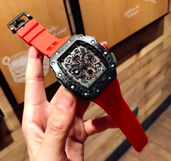 Luxury Mens Automatic Mechanical Watch Flyback Carbon Fiber Red Black Orange Rubber Strap