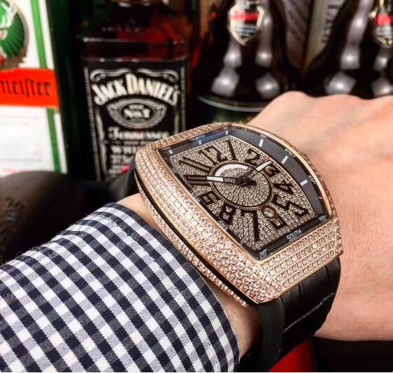 Luxury New Mens Mechanical Watch Automatic V45 Leather Black Rose Gold Iced Diamond Relogio Masculino