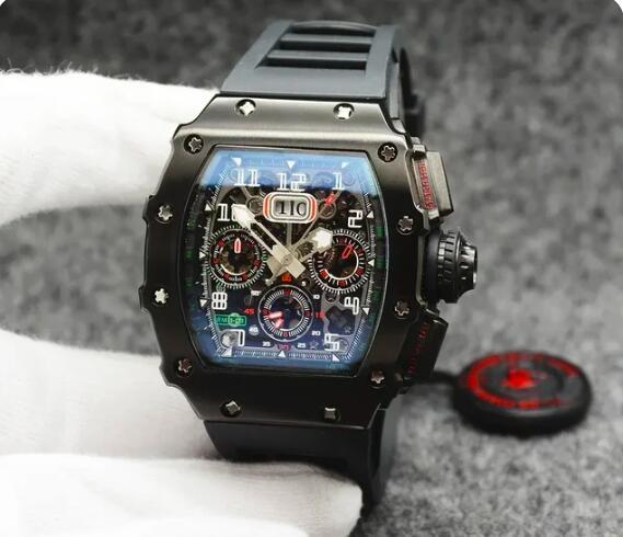 Luxury New Mens Automatic Mechanical Watch Skeleton Rose Gold Red Yellow Rubber Tonneau Sport Watches