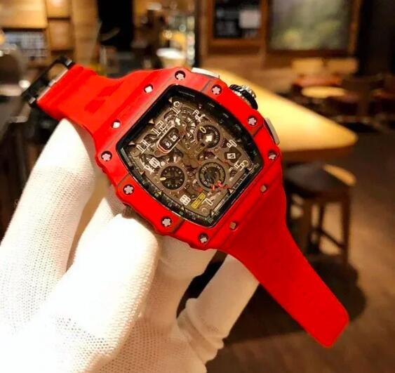 Luxury Mens Automatic Mechanical Watch Flyback Carbon Fiber Red Black Orange Rubber Strap