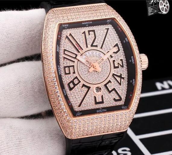Luxury Mens Automatic Mechanical Watch Rose Gold Silver White Iced Diamond Rubber Leather Number