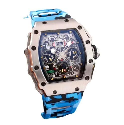 Luxury Mens Automatic Mechanical Watch Stainless Steel Skeleton Red Blue Grey Camouflage Rubber