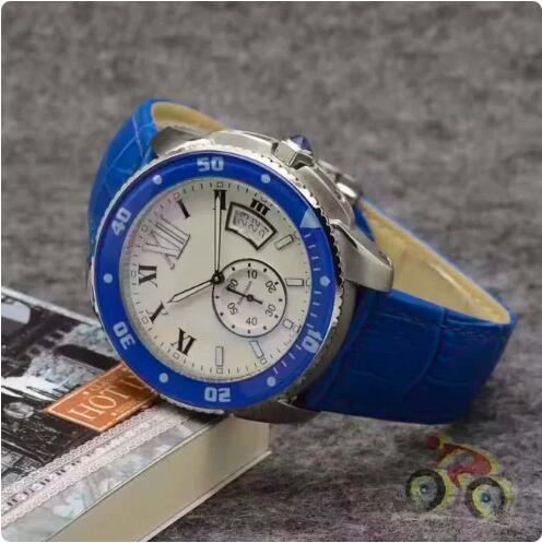 Luxury New Mens Watch Quartz Chronograph Ceramic Blue Black Leather Calendar Reloj Hombre