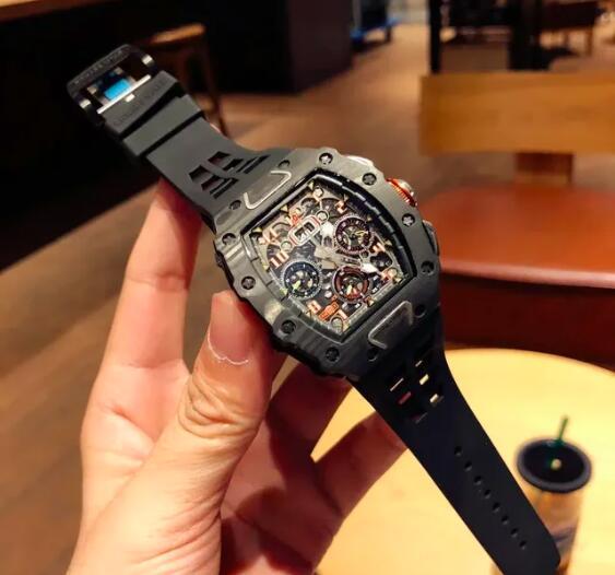 Luxury Mens Automatic Mechanical Watch Flyback Carbon Fiber Red Black Orange Rubber Strap