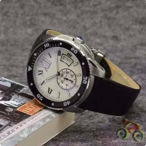 Luxury New Mens Watch Quartz Chronograph Ceramic Blue Black Leather Calendar Reloj Hombre