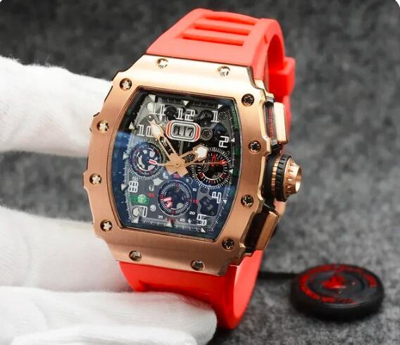 Luxury New Mens Automatic Mechanical Watch Skeleton Rose Gold Red Yellow Rubber Tonneau Sport Watches