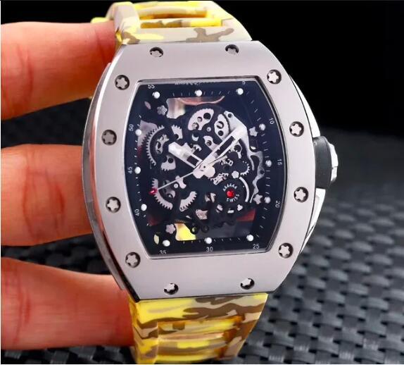 Luxury Mens Automatic Mechanical Watch Black Blue Rubber Stainless Steel Skeleton