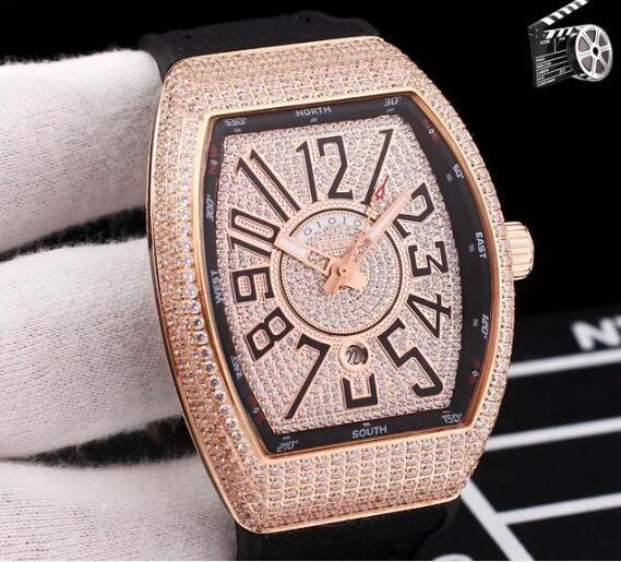 Luxury Mens Automatic Mechanical Watch Rose Gold Silver White Iced Diamond Rubber Leather Number