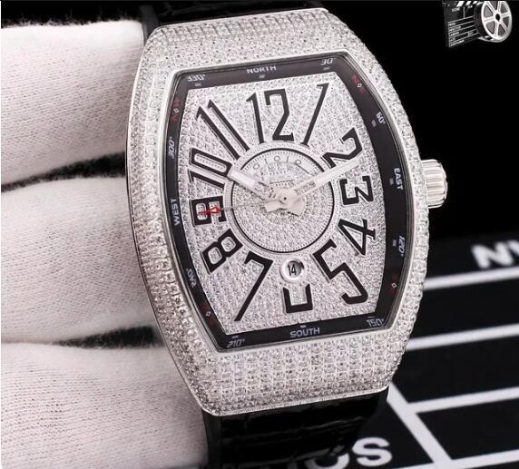 Luxury Mens Automatic Mechanical Watch Rose Gold Silver White Iced Diamond Rubber Leather Number