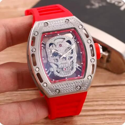 Luxury New Mens Automatic Mechanical Rose Gold Iced Diamonds Skull Watch Black Rubber Reloj Hombre
