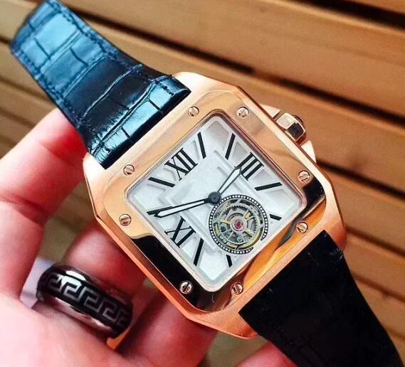 Luxury New Mens Mechanical Watch Automatic Rose Gold Brown Black Leather Tourbillion Fashion Watches