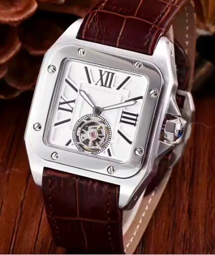Luxury New Mens Mechanical Watch Automatic Rose Gold Brown Black Leather Tourbillion Fashion Watches