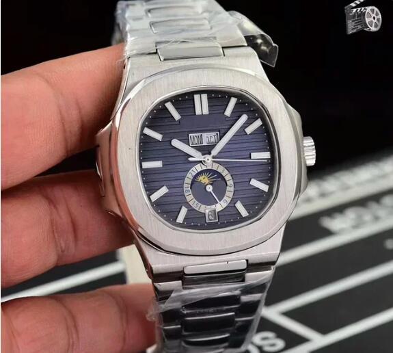 Luxury Automatic Watch for Men Mechanical Watches Nautilus Annual Calendar 5726 Stainless Steel Dual Time Moonphase Black Blue