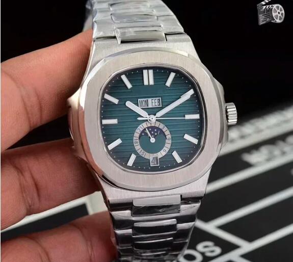 Luxury Automatic Watch for Men Mechanical Watches Nautilus Annual Calendar 5726 Stainless Steel Dual Time Moonphase Black Blue