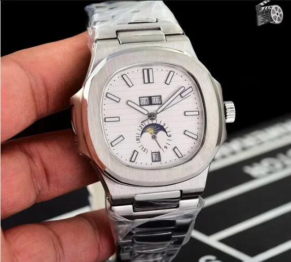 Luxury Automatic Watch for Men Mechanical Watches Nautilus Annual Calendar 5726 Stainless Steel Dual Time Moonphase Black Blue
