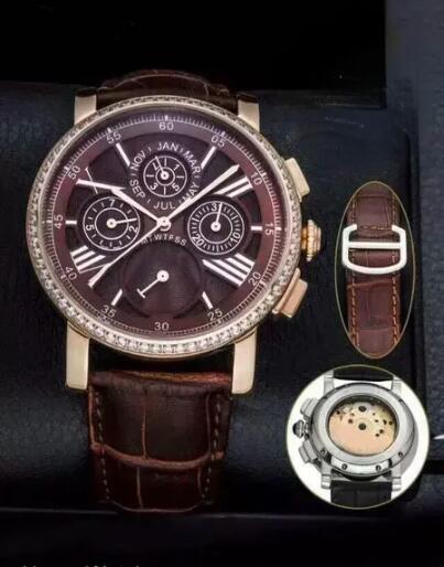 Luxury New Mens Mechanical Watch Rose Gold Automatic Dual Time Blue Leather Diamond Sport Watches