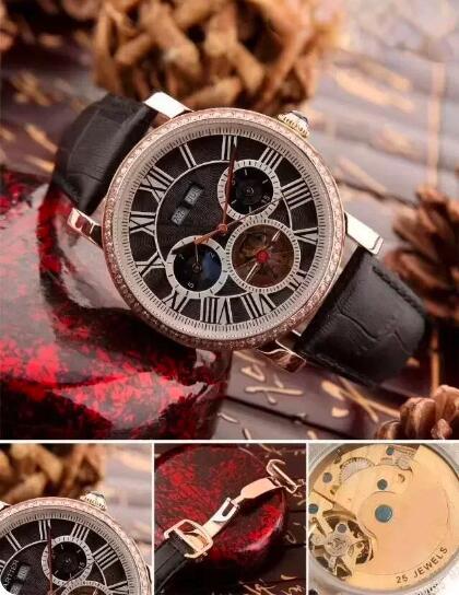Luxury New Mens Mechanical Watch Automatic Rose Gold Diamond Black Leather Tourbillion Sport Watches