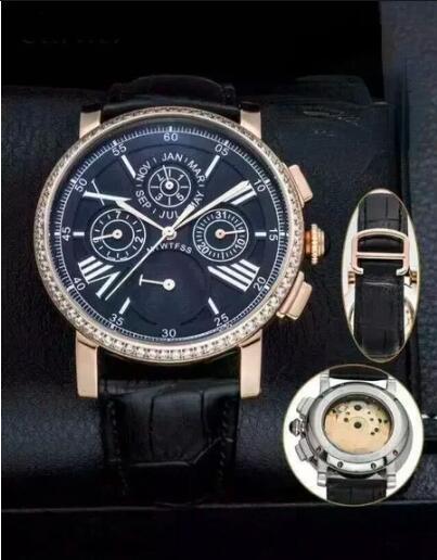 Luxury New Mens Mechanical Watch Rose Gold Automatic Dual Time Blue Leather Diamond Sport Watches