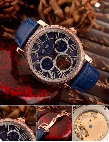Luxury New Mens Mechanical Watch Automatic Rose Gold Diamond Black Leather Tourbillion Sport Watches