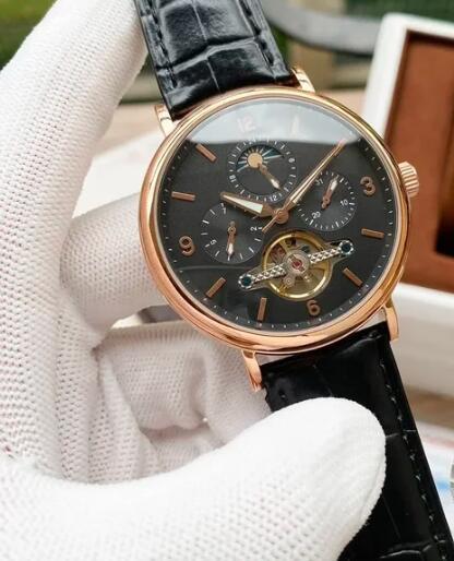 Luxury New Mens Mechanical Watch Automatic Rose Gold Black Brown Leather Tourbillion Moon Phase Sport Watches