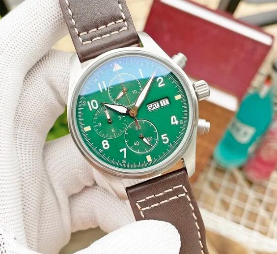Luxury New Mens Sport Watch Multifunctional Automatic Mechanical 43mm Watches Brown Leather Gree Dial Relogio Masculino
