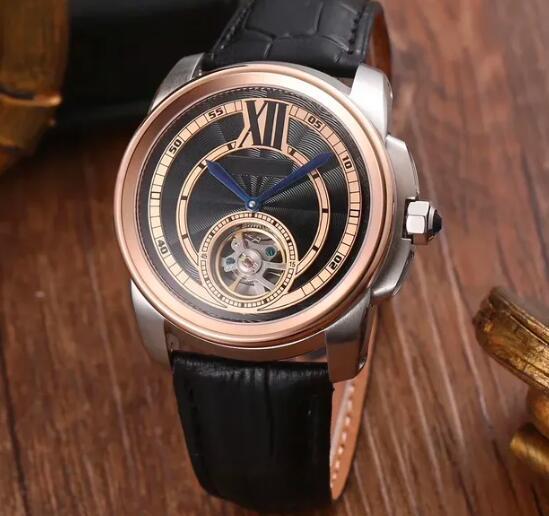 Luxury New Mens Mechanical Watch Automatic Tourbillion Rose Gold Black Brown Leather Fashion Watches