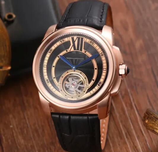 Luxury New Mens Mechanical Watch Automatic Tourbillion Rose Gold Black Brown Leather Fashion Watches