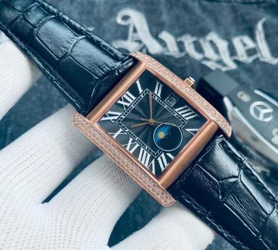Luxury New Sun Moon Star Mens Watch Wowhide Automatic Mechanical Black Leather Sport Watches