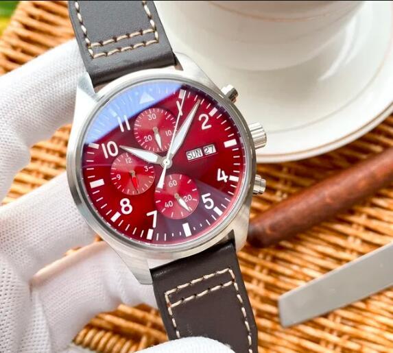 Luxury New Mens Automatic Mechanical 43mm Watch Stainless Steel Pilot Brown Leather Red Dial Sport Big Watches