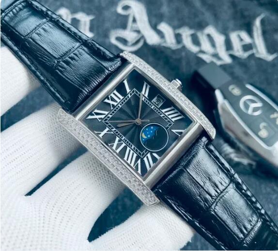 Luxury New Sun Moon Star Mens Watch Wowhide Automatic Mechanical Black Leather Sport Watches