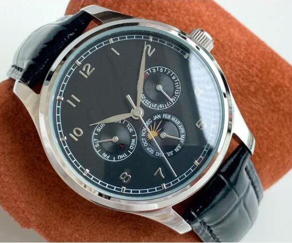 Luxury New Mens Automatic Mechanical Calendar Watch Stainless Steel MoonPhase Black Leather Sport Watches