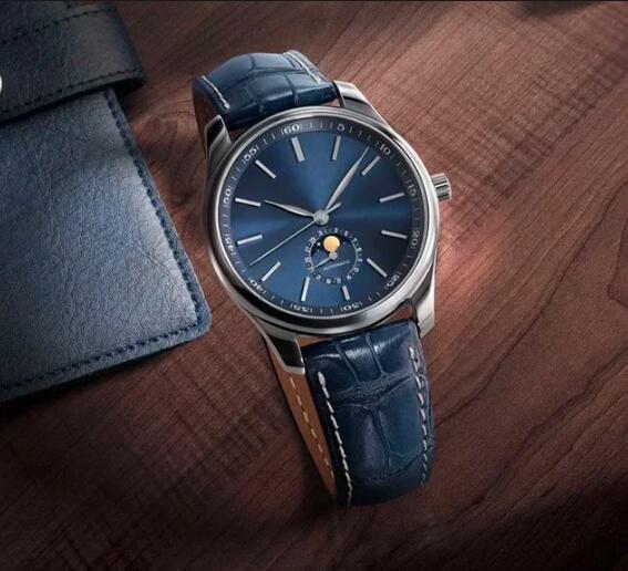 Luxury New Mens Automatic Mechanical Self Wind Watch Moonphase Blue White Leather Stainless Steel Strap Sport Wristwatch