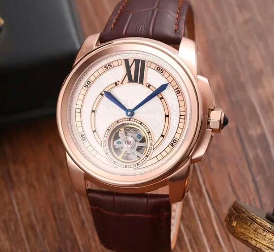 Luxury New Mens Mechanical Watch Automatic Tourbillion Rose Gold Black Brown Leather Fashion Watches