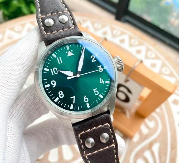 Luxury New Mens Pilot Automatic Mechanical Watch Brown Leather Green Black Dial Fashion Watches