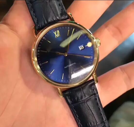 Luxury New Mens Mechanical Watch Automatic Gold Black Leather Blue Fashion Watches
