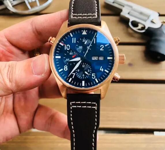Luxury New Mens Mechanical Watch Rose Gold Automatic Brown Leather Blue Pilots Fashion Watches