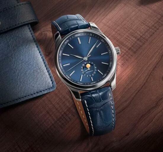 Luxury New Mens Mechanical Automatic Self Wind Watch Moon Phase Stainless Steel Bracelet Blue White Dial Sapphire Glass